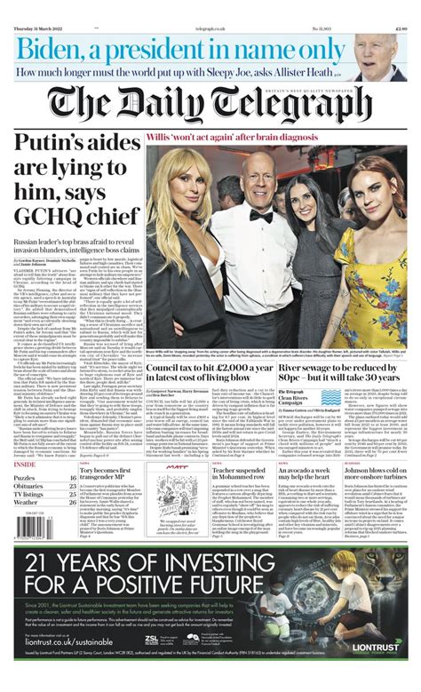 Daily Telegraph Front Page St Of March Tomorrow S Papers Today