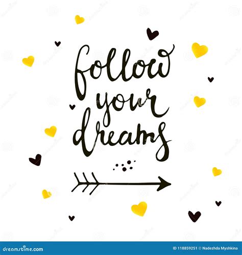 Lettering Follow Your Dreams On Abstract Hearts Backdrop Stock Vector