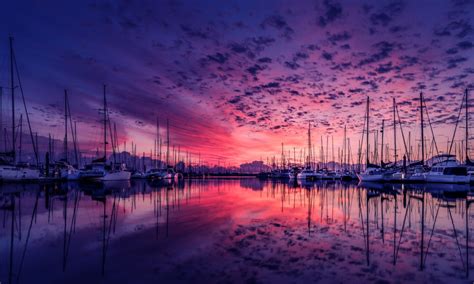 Harbor Purple Clouds Pink Sky Dock Ships Sunset Reflection