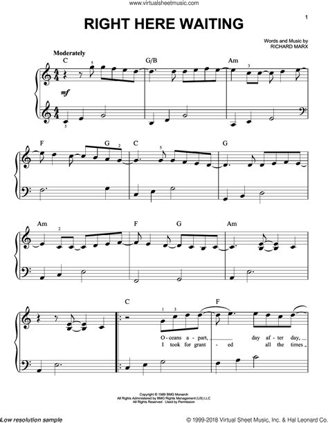 Marx Right Here Waiting Easy Sheet Music For Piano Solo