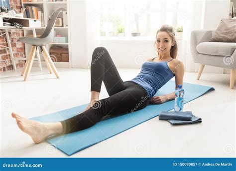 Happy Woman Exercising At Home And Relaxing Stock Image Image Of