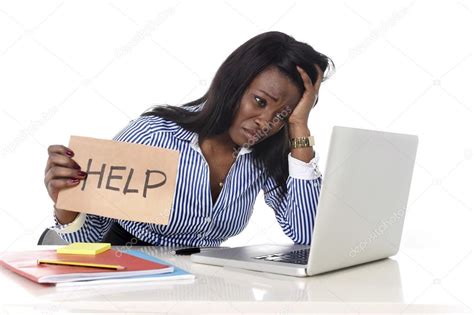 Black African American Ethnicity Frustrated Woman Working In Stress At