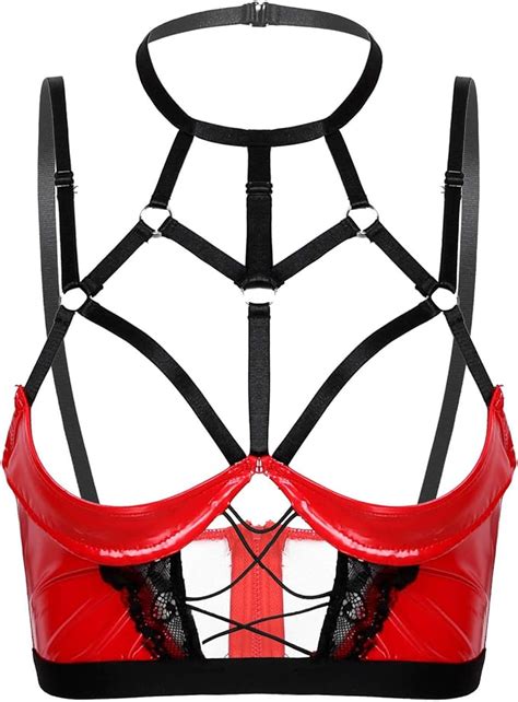 Inhzoy Frauen Lackleder Ouvert Bh Neckholder Bra Offen Büstenhebe Push