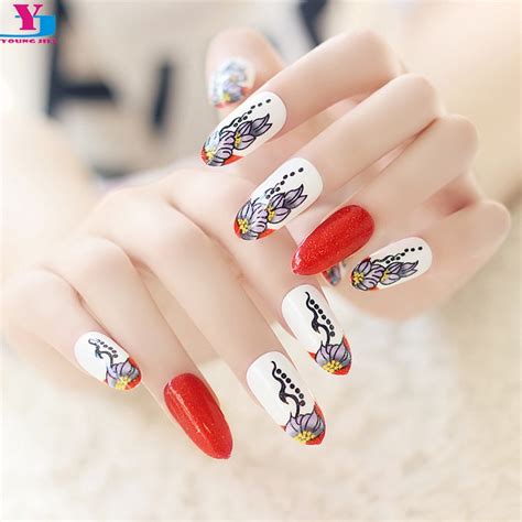 New Long Fake Nails Sex Lace Totem Flower Design Faux Ongles Beauty