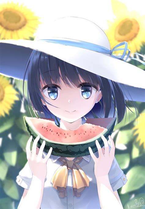 Anime Art~♡ Summer Summertime Bow Tie Ribbon Sunhat Garden Sunflowers Watermelon