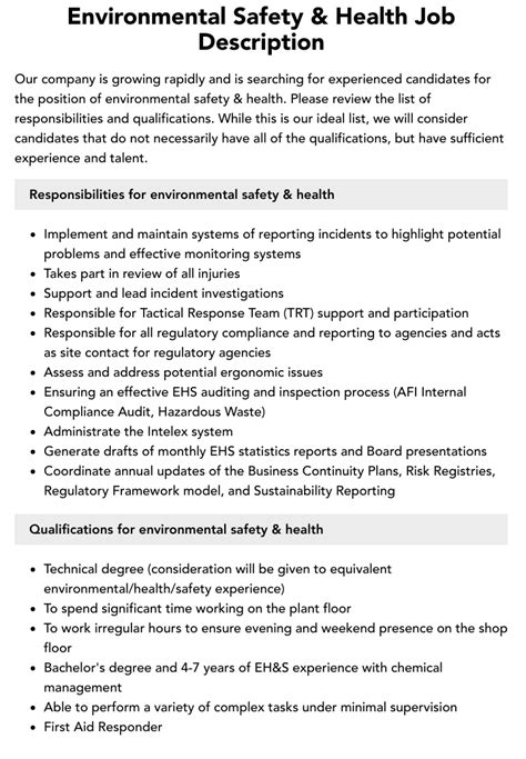 Environmental Safety And Health Job Description Velvet Jobs