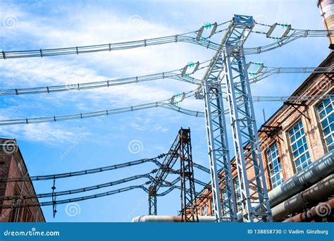 High Voltage Substation On Blue Sky Background Stock Photo Image Of