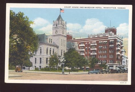 Manhattan Kansas Downtown Court House Old Cars Vintage Postcard