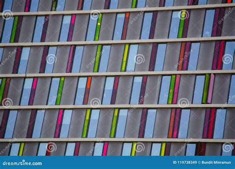 Colorful Square Glass Window Of Building In Close Up Stock Image