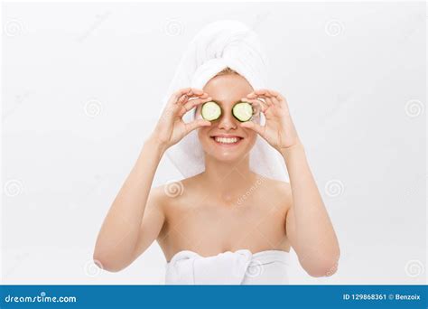 Beautiful Woman Holding Slices Of Cucumber In Front Of Her Eyes Stock Image Image Of Female