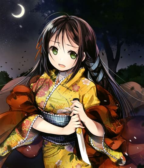 Wallpaper Anime Girl Black Hair Kimono Crescent Knife Worried