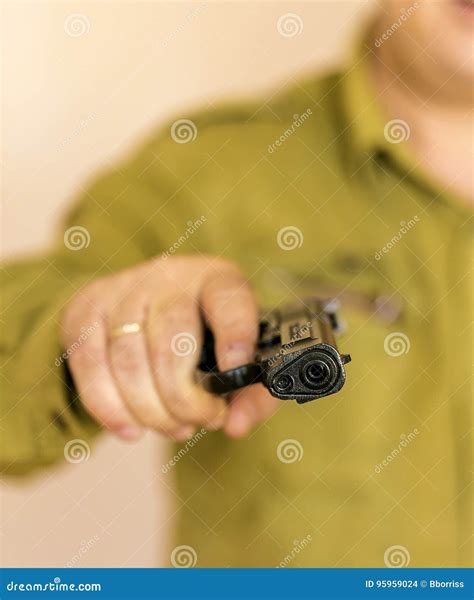 Man Pointing Gun At The Target With One Hand Stock Photo Image Of