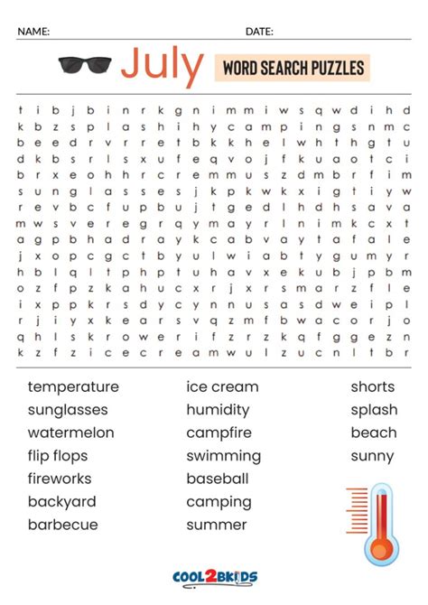 Printable July Word Search Cool2bkids