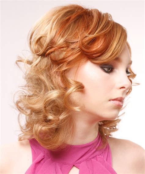 Medium Curly Formal Hairstyle With Side Swept Bangs Light Ginger Red Hair Color With Red