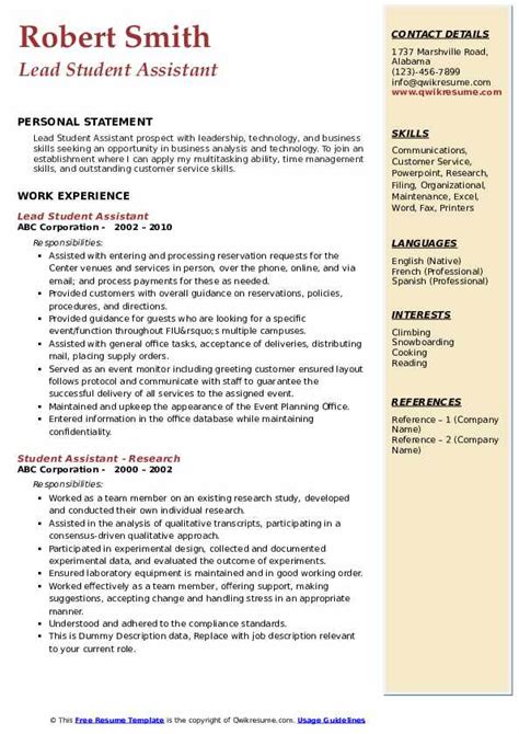 Free to download and print. Student Assistant Resume Samples | QwikResume