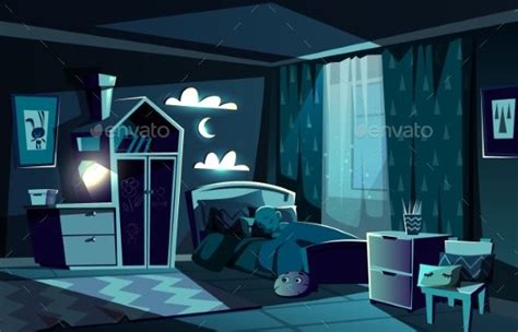 Child Sleeping In Bed In Bedroom Cartoon Vector Bedroom Night Light