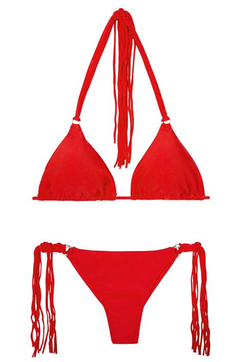 red thong bikini with long fringing franja red fio
