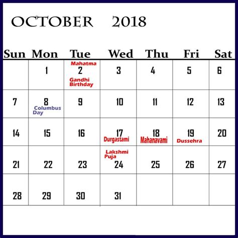 Printable October 2019 Calendar With Holidays Template Notes