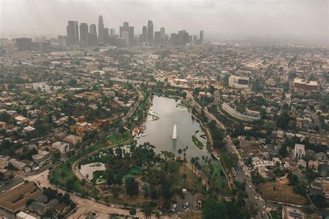 Echo Park In Los Angeles With View Of Downtown Skyline And Foggy
