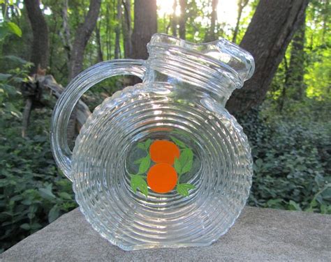 Vintage Glass Pitcher Orange Juice Jug Tilted Disc Clear Ribbed Beverage Server Mid Century