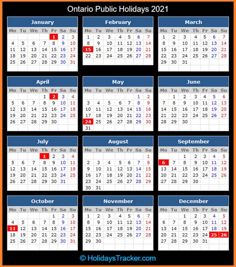 It helps you to arrange your plans earlier and guide you to apply for long holiday by using minimum annual leaves. Ontario (Canada) Public Holidays 2021 - Holidays Tracker