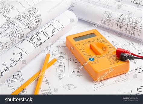 Electrical Engineering Drawings Pencil Digital Multimeter Stock Photo