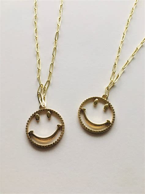 Smiley Face Pendant Gold Necklace Paperclip Chain 18 Trendy Etsy