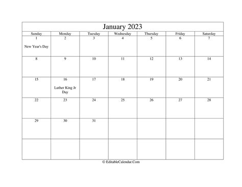 Editable Calendar January 2023