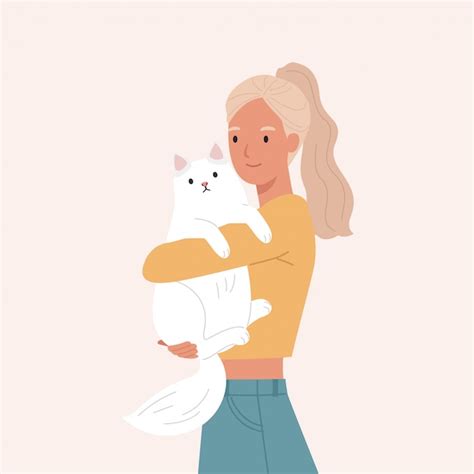 Belle Femme étreignant Son Chat Blanc Portrait De L Heureux Propriétaire D Animaux