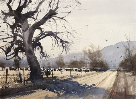 Dan Marshall Watercolor Cold Cottonwood Shadows Watercolor Landscape