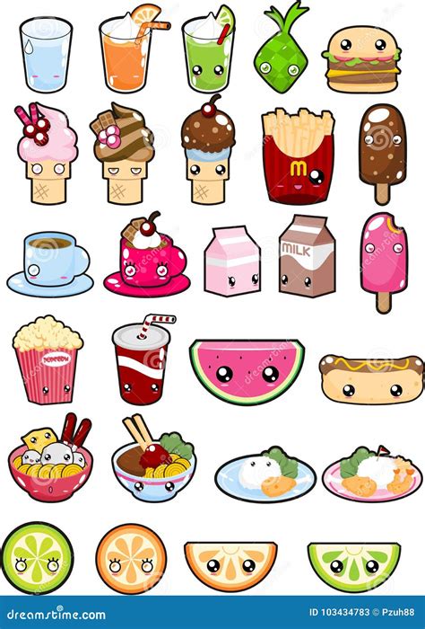 Kawaii Food And Beverages On White Background Stock Vector