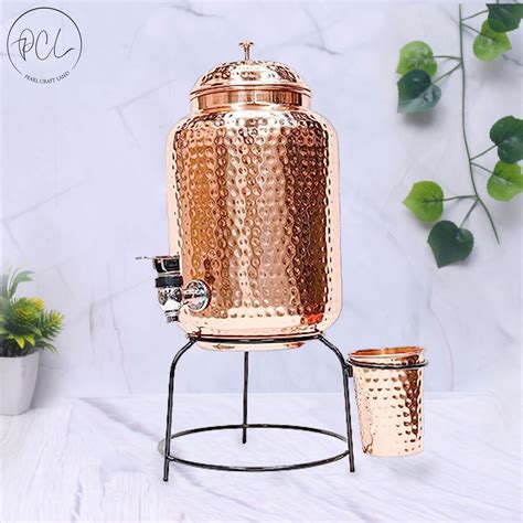 Pure Copper Hammered Water Dispenser With Glass And Stand Matka Comb Pearl Craftland