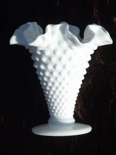 Vintage Fenton Hobnail Pattern Milk Glass Crimped Ruffle Flower Vase