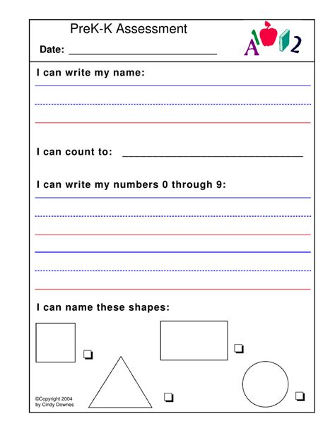 Prek K Assessment Worksheet Template Cindy Downes Download Printable