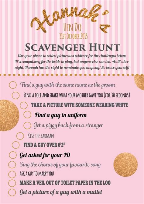 Personalised Hen Party Game Scavenger Hunt Printable Hen Do Game Pink
