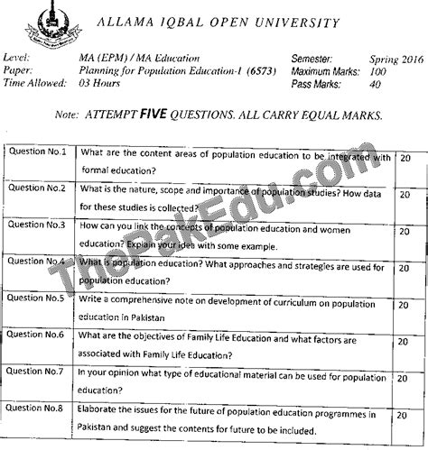 Planning For Population Education I Code No 6573 Spring 2016 Aiou Old