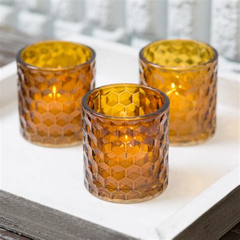 Richland Amber Chunky Honeycomb Glass Votive And Tealight Holder Set Of