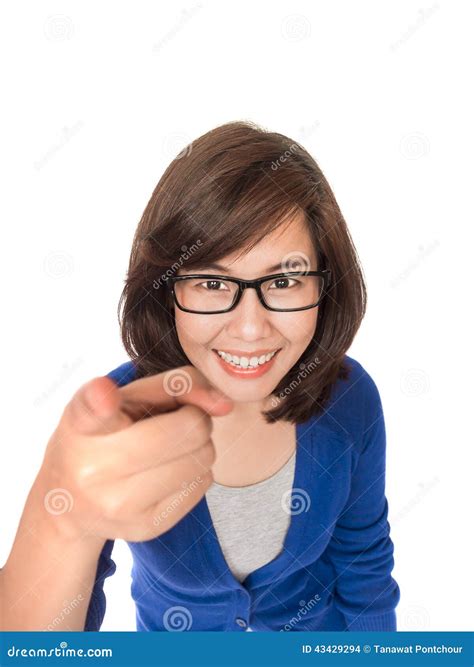 Portrait Of Young Smiling Business Woman Pointing Finger At View Stock