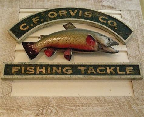 Orvis Antique Fishing Sign With Carved Trout Scene From Inside The Fly
