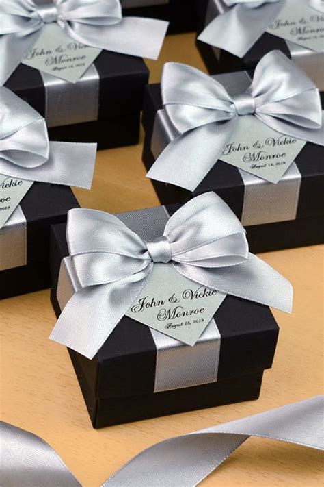 Elegant Wedding Boxes With Silver Satin Ribbon Bow And Custom Names