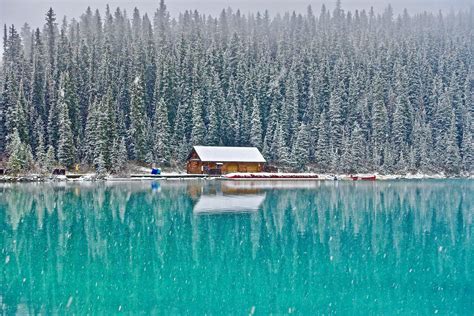 Winter Reflections Hd Wallpaper Turquoise Lake And Snowy Cabin