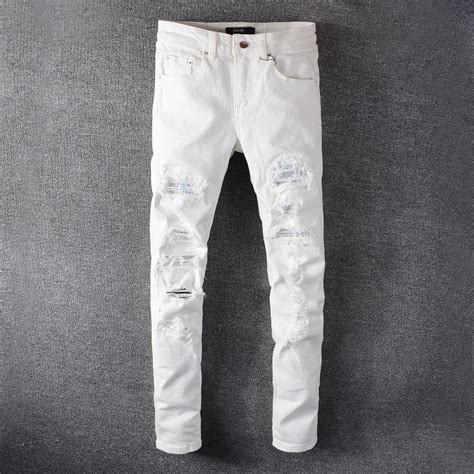 Mens White Distressed Jeans With Diamond Inlays Rippedjeans
