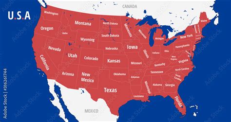 United States Of America Map With States Map Of Usa In Red White