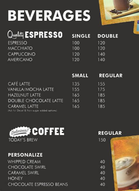 One of our light, medium, dark, decaffeinated, or flavored brews of the day, brewed from only the top 1% of arabica beans in the world. Menu of The Coffee Bean & Tea Leaf, Select Citywalk Mall ...