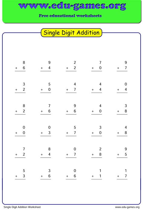 Single Digit Addition Worksheet Generator | Grade 1 | The Site for Free