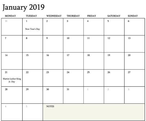 January 2019 Calendar Fillable Editable Calendar Monthly Calendar