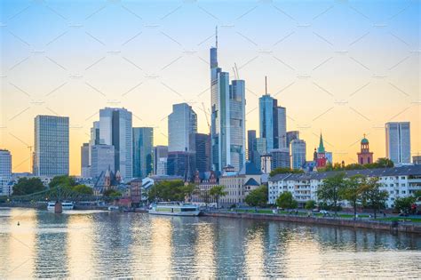 Evening Skyline Of Frankfurt City Architecture Stock Photos