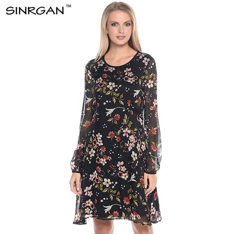 Sinrgan Women Elegant Floral Chiffon Dress See Through Long Sleeve Slim