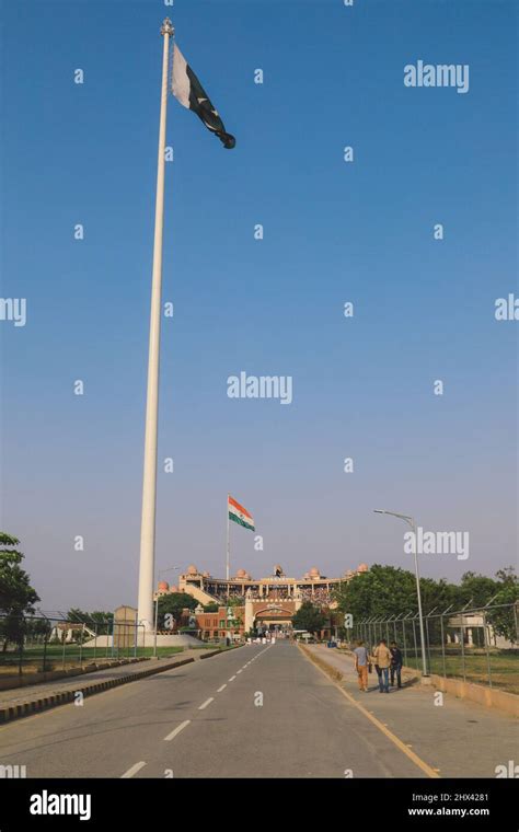 View To The Main Gates Of Attari Wagah Border With The Flags Of India