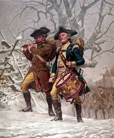 Two Men Dressed In Colonial Clothing Standing Next To Each Other On A Snow Covered Field